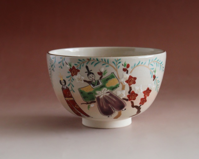 御節句柳桃雛絵茶碗 中村陶彩作茶碗 京焼 茶道具 抹茶碗 お正月 鶴松