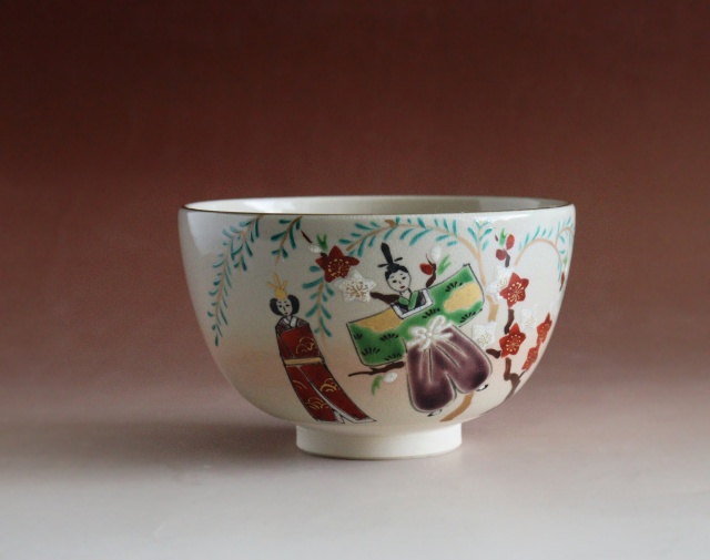 御節句柳桃雛絵茶碗 中村陶彩作茶碗 京焼 茶道具 抹茶碗 お正月 鶴松