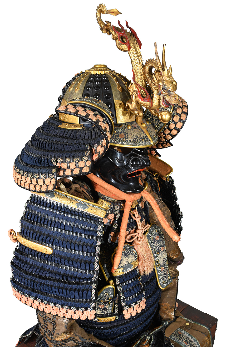 甲冑/鎧 練皮黒本小札紺糸威両引合胴具足 鉄十七枚張四方白嚴星兜篠垂