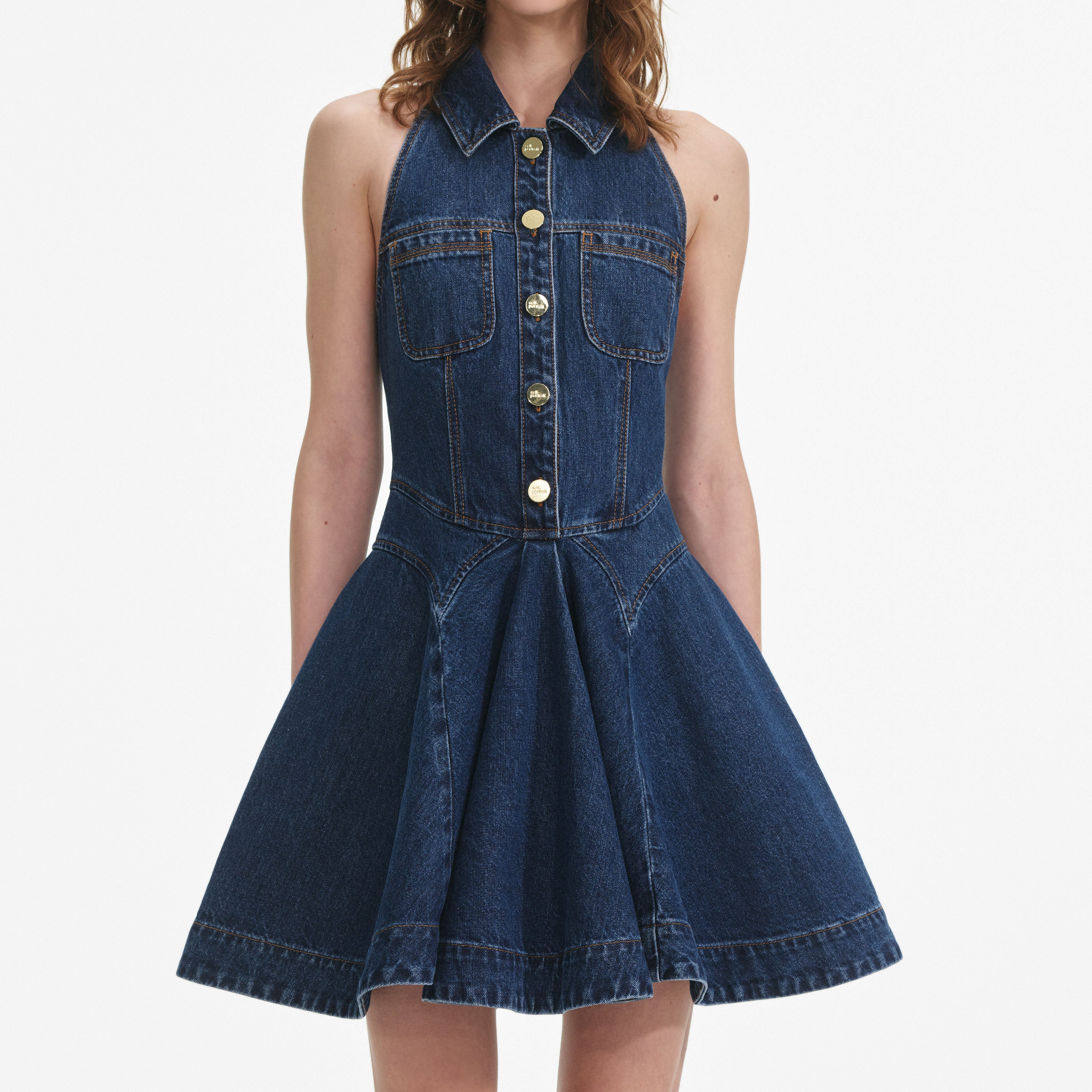 Denim Sleeveless Flared Mini Dress – self-portrait