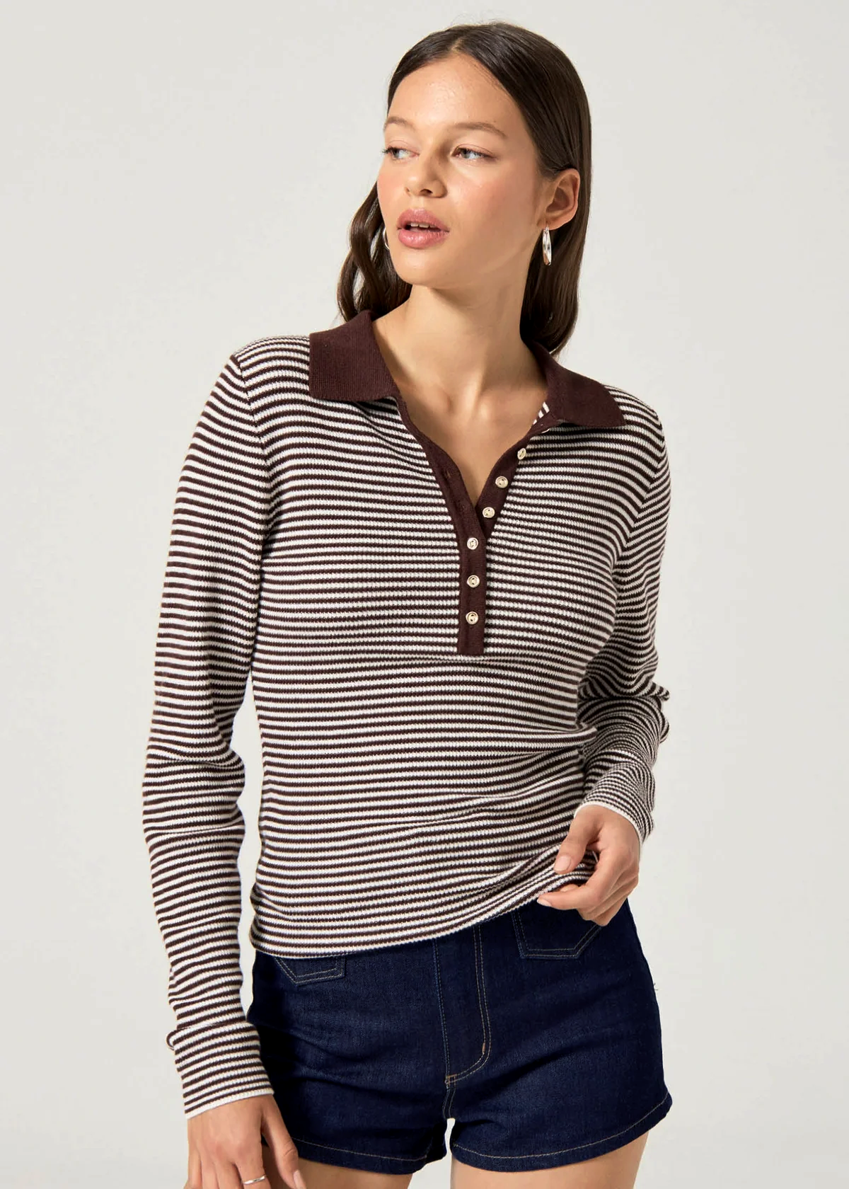 Chocolate Brown Stripe Lady Long Sleeve Rib Polo Shirt By Rolla's
