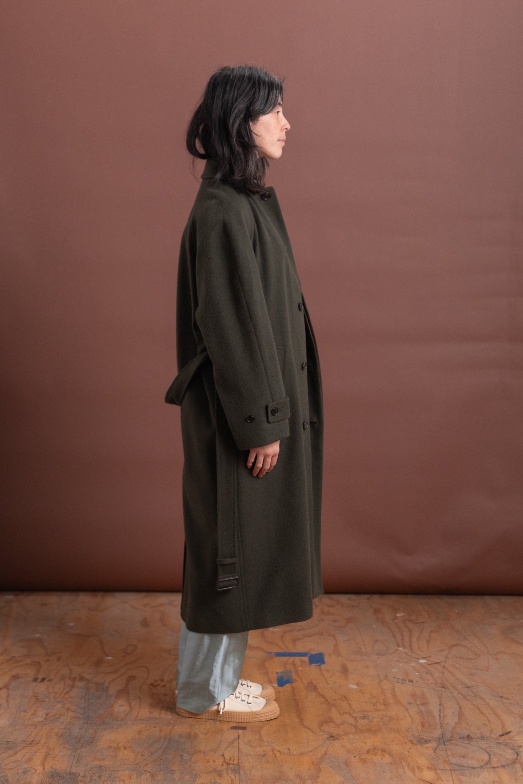 BABY CAMEL FLANNEL COAT IN DARK OLIVE