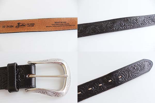 USA製 Justinジャスティン カービング レザーベルト 黒 32☆710
