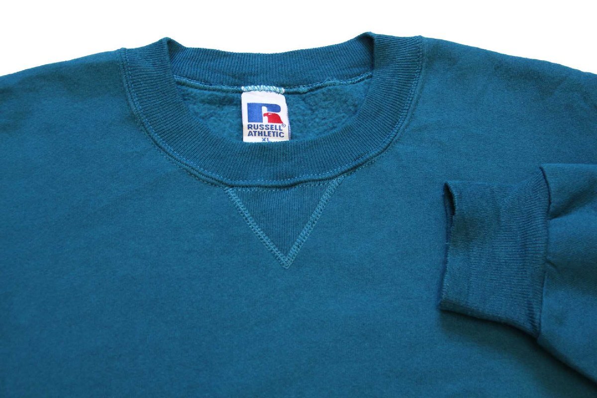 90s USA製 RUSSELLラッセル 無地 前V スウェット 青緑 XL☆ブランク