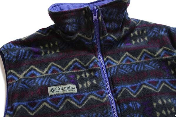 90s Columbiaコロンビア リバーシブル 総柄 フリース×ナイロン ベスト