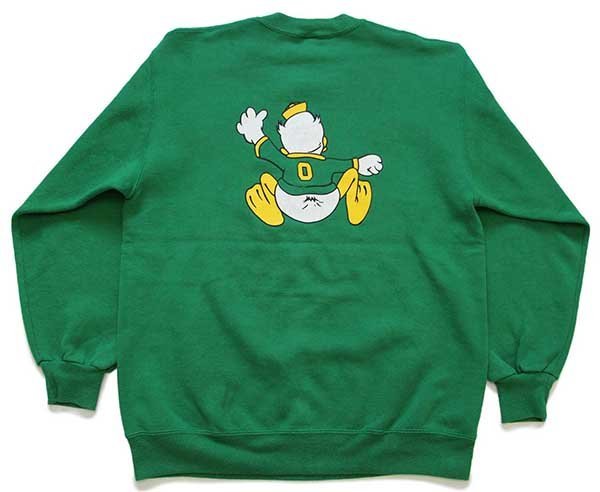 90s USA製 OREGON ドナルドダック 両面ひび割れプリント スウェット 緑