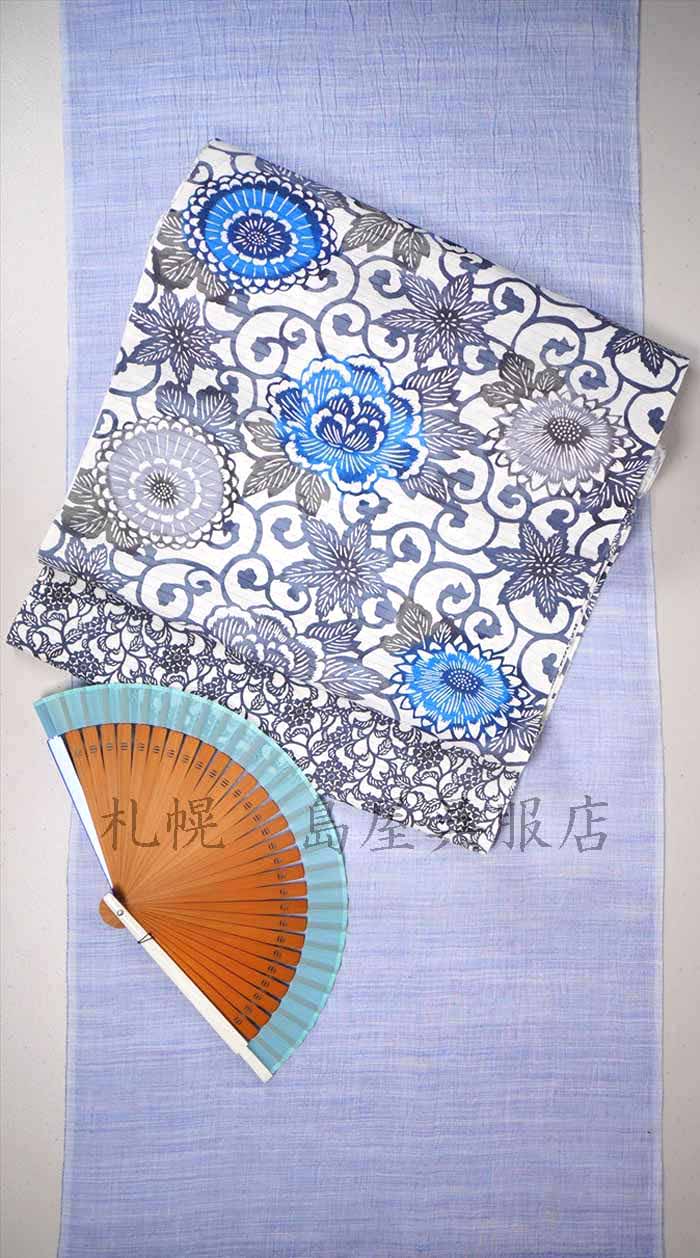 夏）九寸名古屋帯：江戸紅型・青い花（丸）