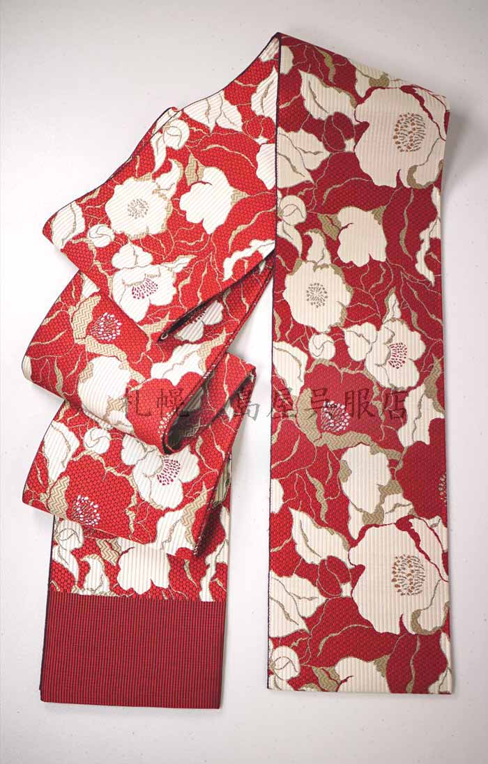 半幅帯：本場筑前博多織 福岡県知事賞受賞柄 リバーシブル 椿