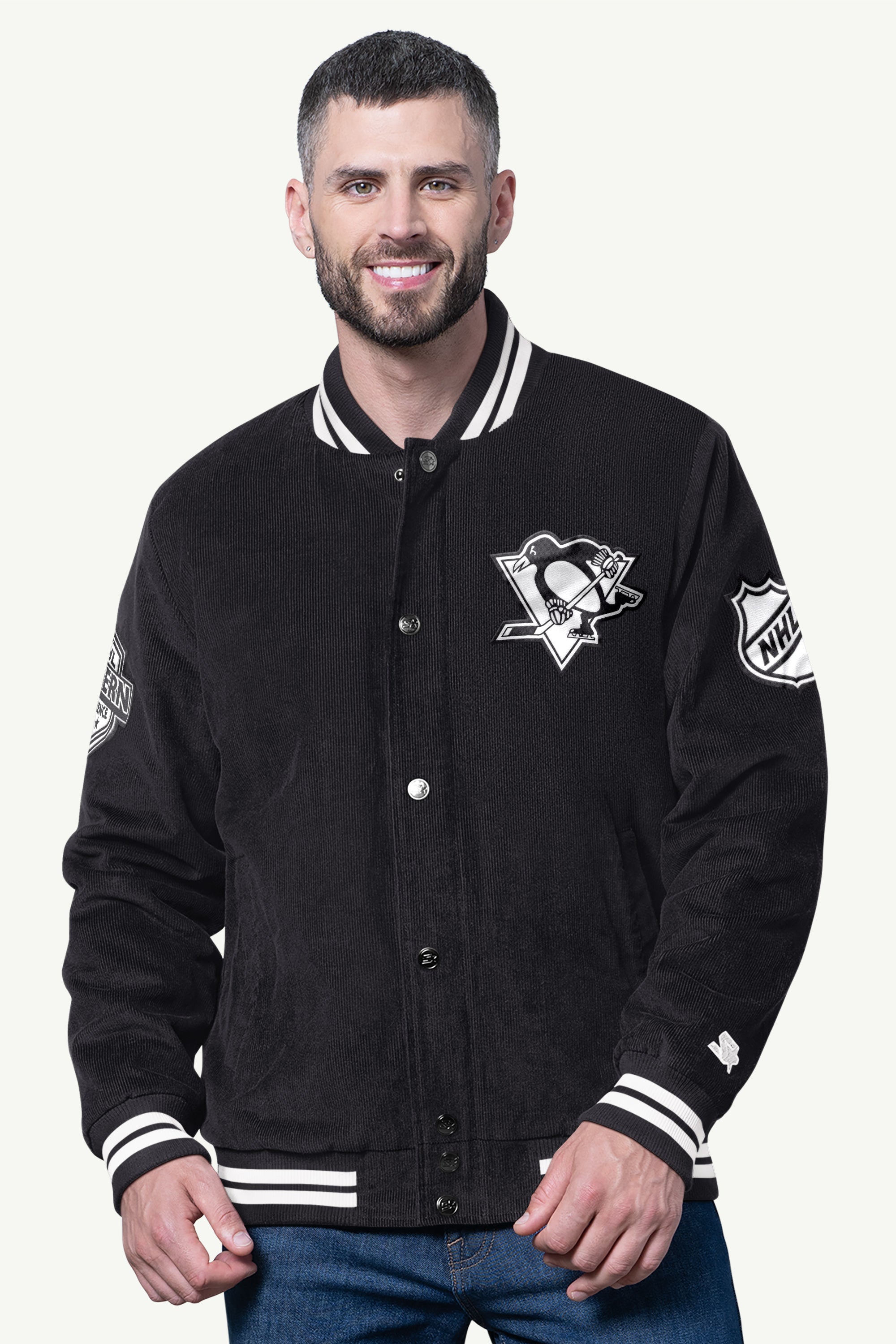 Mens Pittsburgh Penguins Blackout Corduroy Varsity Jacket | NHL