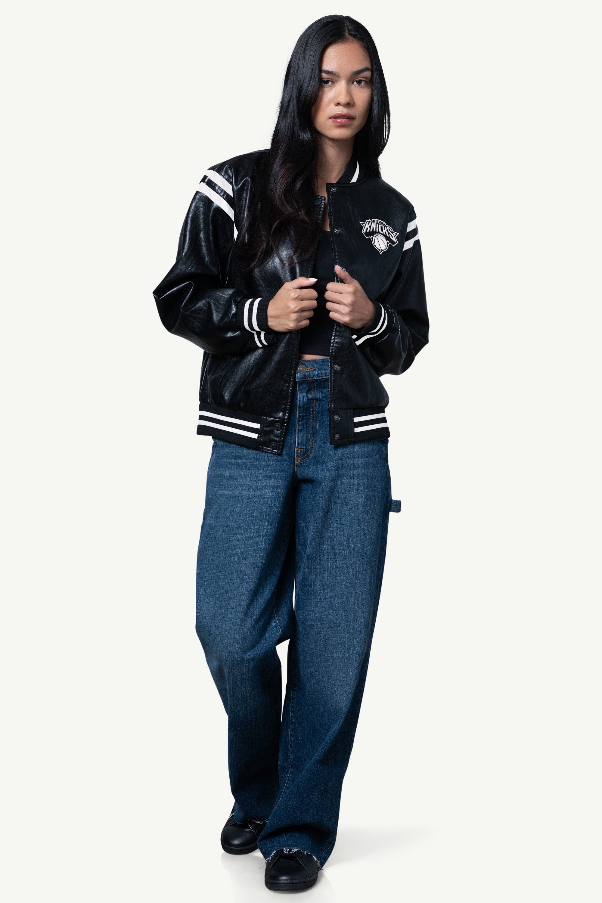 Womens New York Knicks Faux Leather Varsity Jacket | NBA | Starter