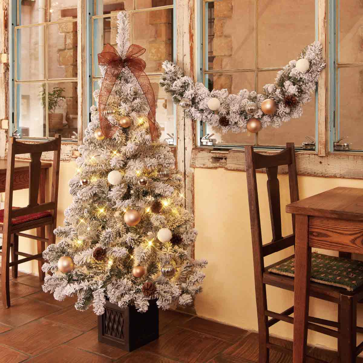 2WAYガーランド付クリスマスツリーセット スノー 150cm［ストエキ