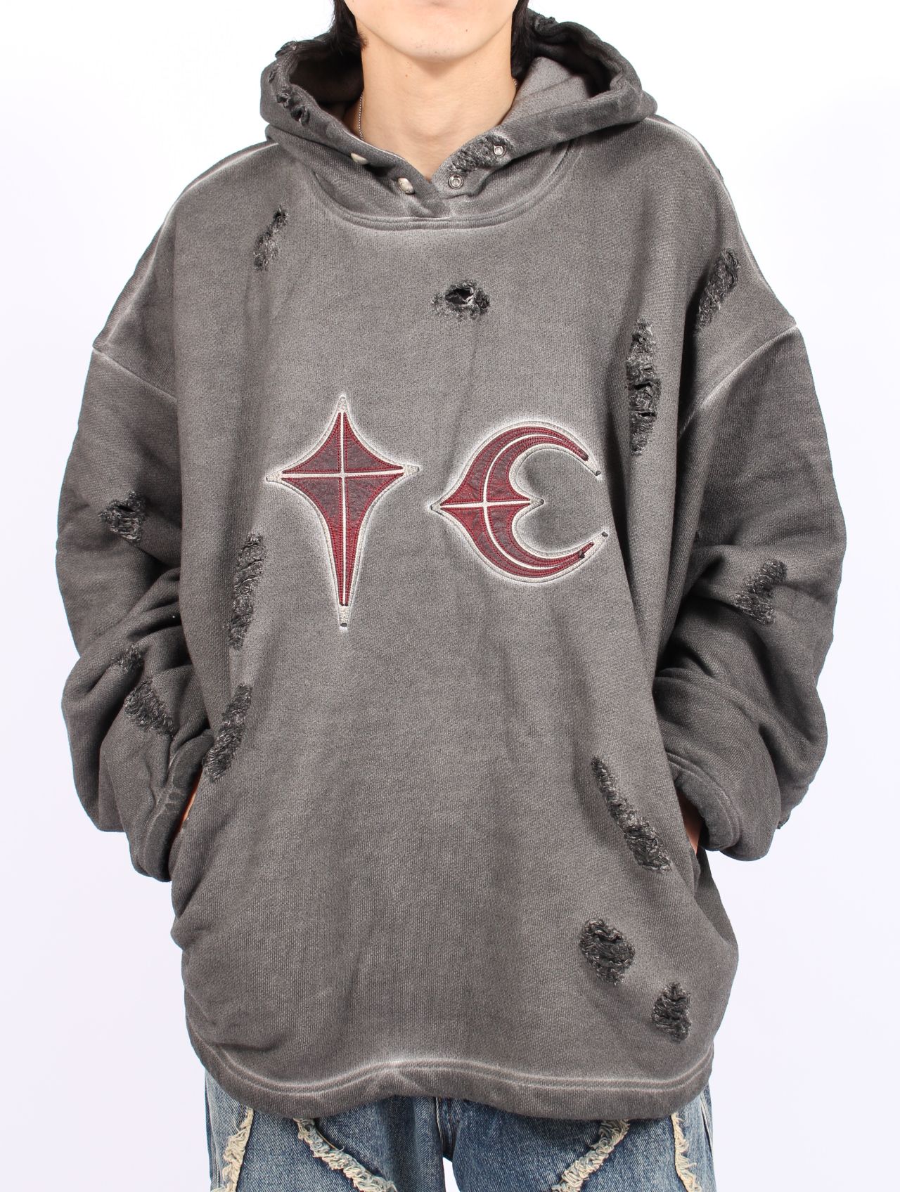 Thug Club - 【25AW】ロック フーディー TCロゴ レザー ダメージ加工