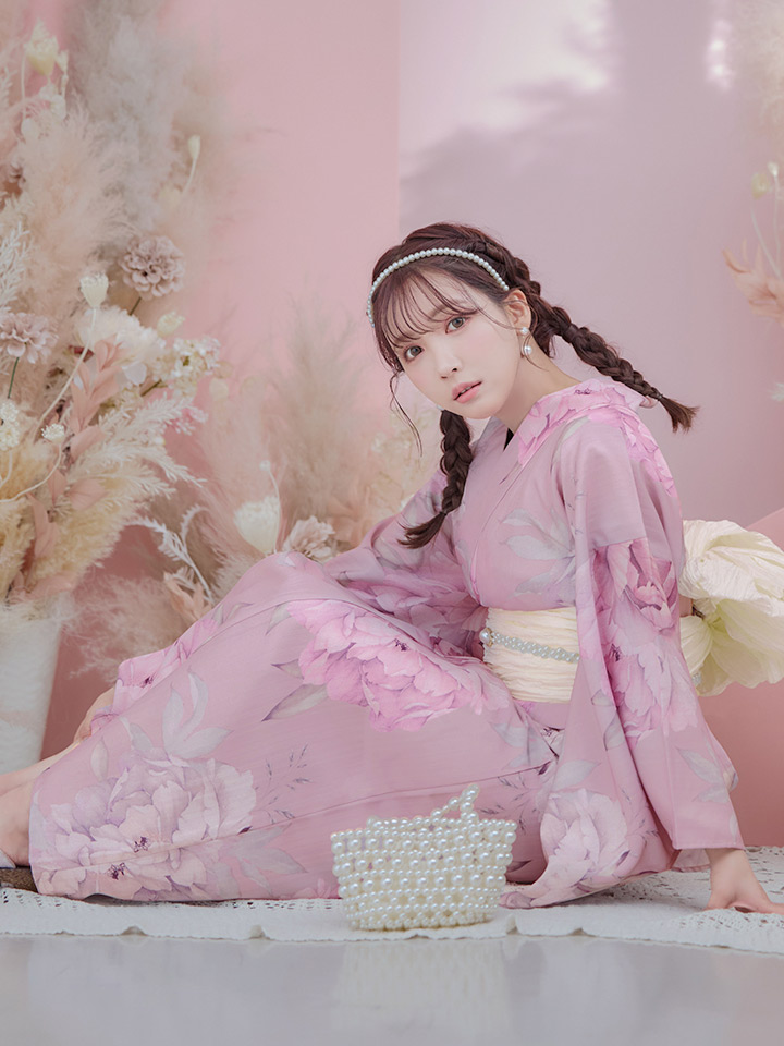 即日発送】【浴衣】大人スウィート/ピンク地に大柄牡丹浴衣 【浴衣3点