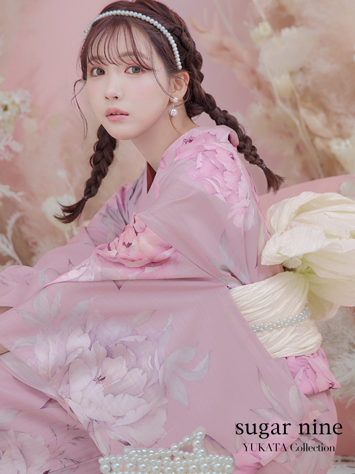 即日発送】【浴衣】大人スウィート/ピンク地に大柄牡丹浴衣 【浴衣3点