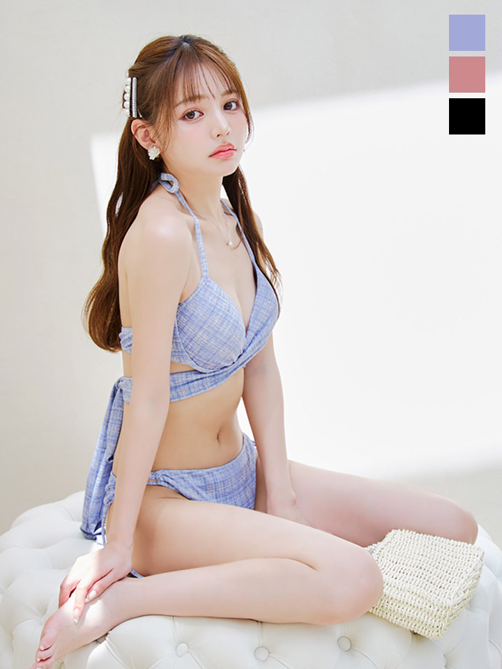 即日発送】【ビキニ】【水着】ツイードプリント バッククロスリボン