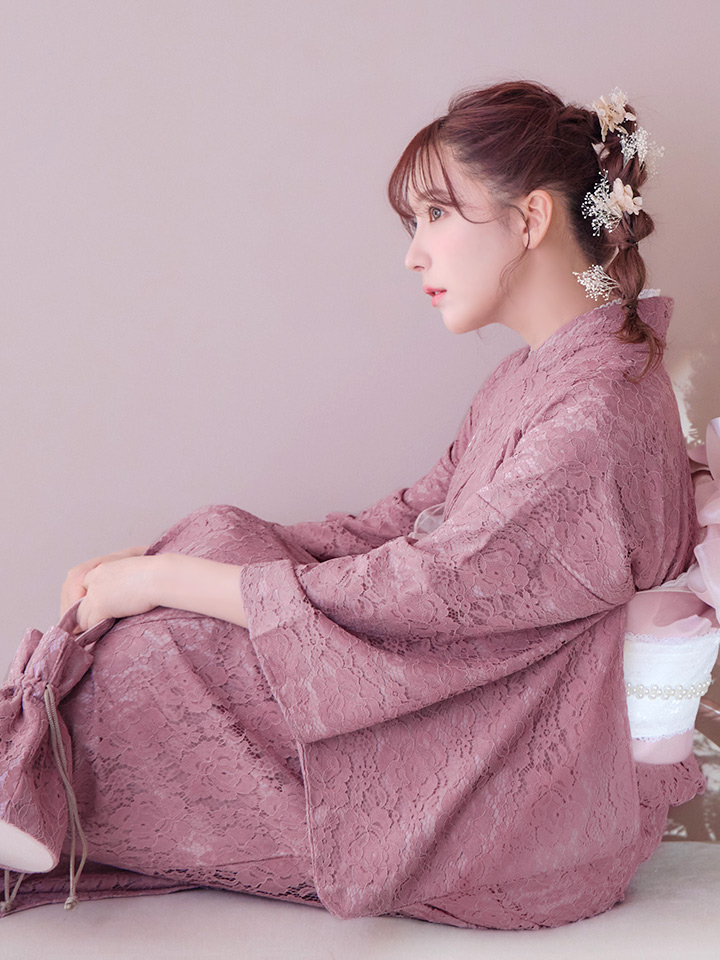 即日発送】ダスティピンクのレース浴衣【浴衣3点セット 浴衣/帯/下駄