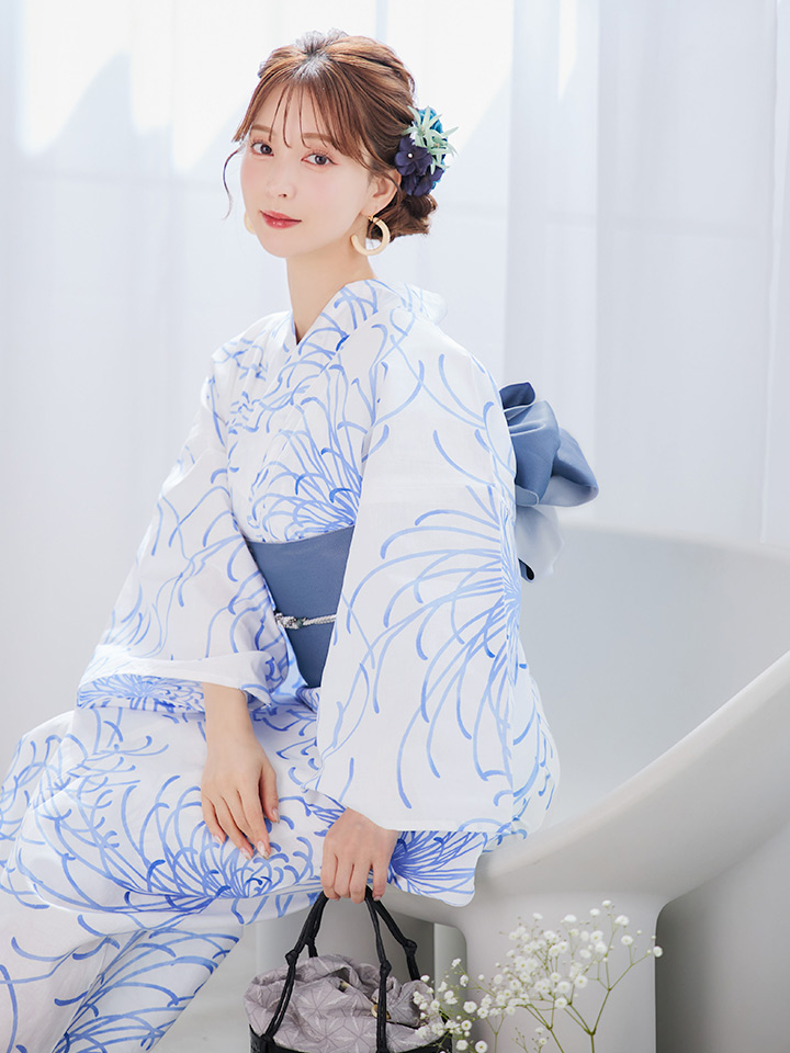 即日発送】白菊月の古典浴衣【浴衣3点セット 浴衣/帯/下駄】[OF04