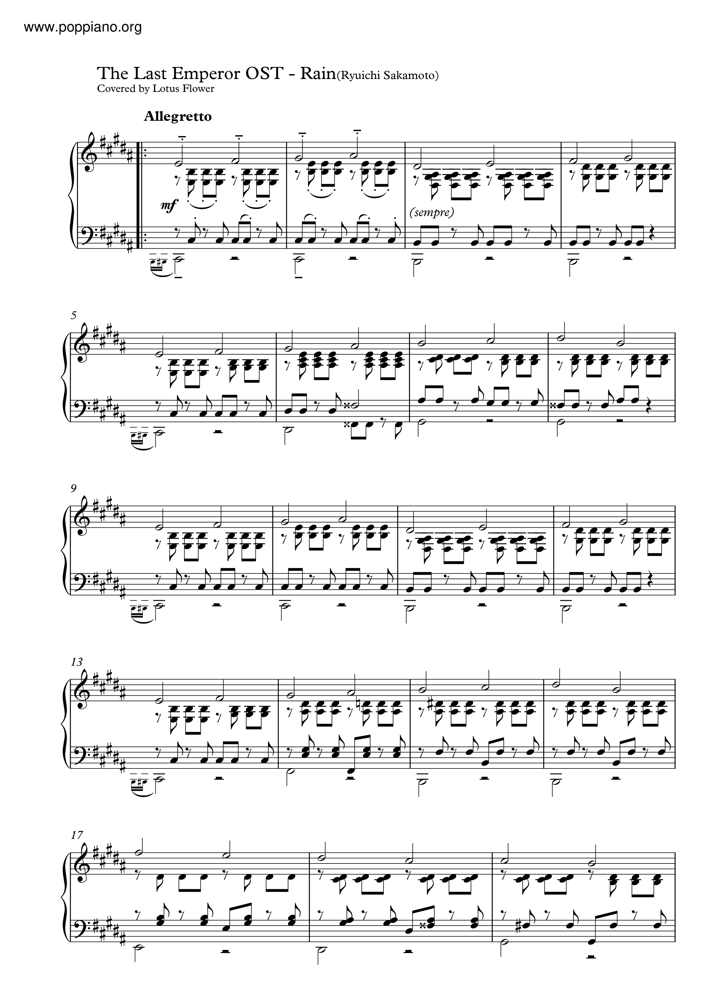 ☆ Ryuichi Sakamoto-The Last Emperor - Rain Sheet Music pdf, -메리