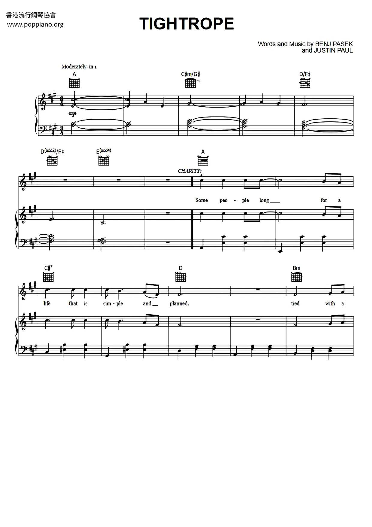 ☆ tightrope ( 楽譜) - PDF無料ピアノ譜 gakufu | POPPIANO.ORG ☆