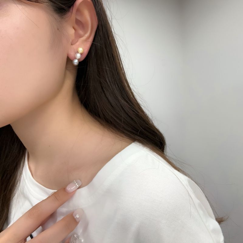 アコヤ真珠 3連パールピアス ホワイト イエロー グレー 6-6.5mm 6.5