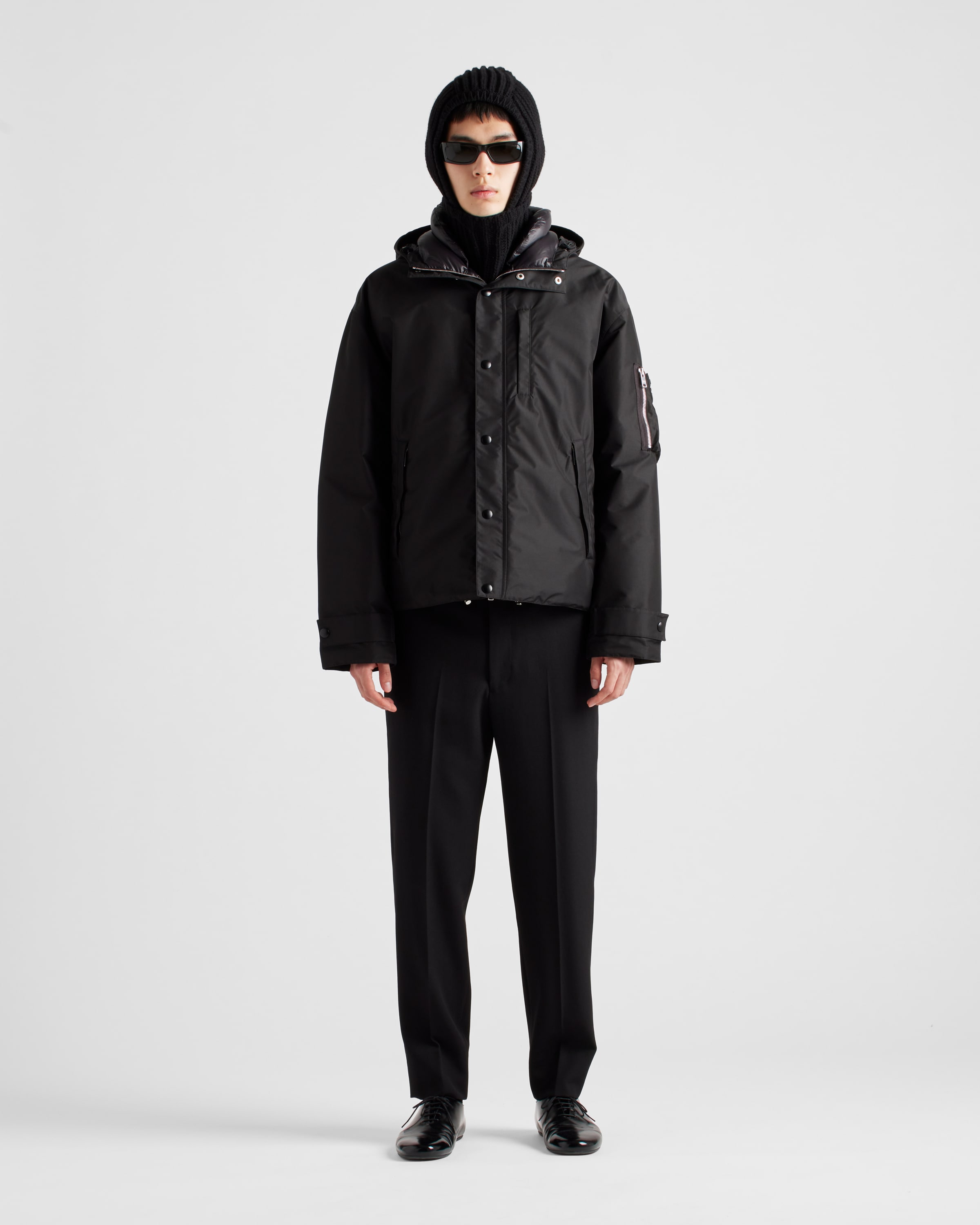 Black Technical Fabric Down Jacket With Hood | PRADA