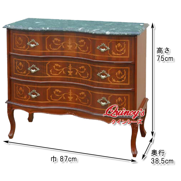 4656】イタリア製 象嵌3段ワイドチェスト/大理石（緑） - クインシー