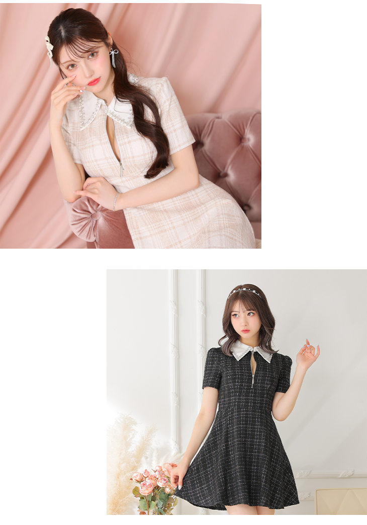 XS～Lサイズあり】襟付きジップツイードフレアミニキャバドレス(fm2639)