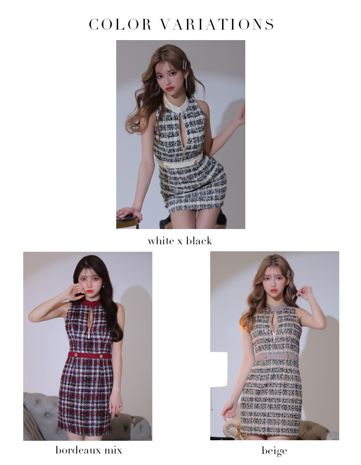 XS～Lサイズあり】フロントジッパー×チェック柄ツイードミニキャバ