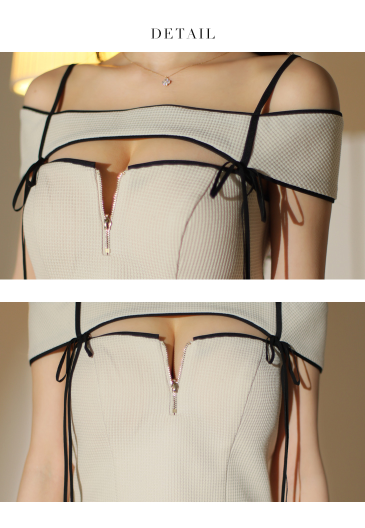 XSサイズあり】パイピングオフショルリボンセットアップキャバドレス
