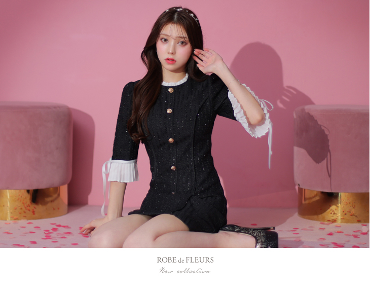 XSサイズあり】ラメツイードx袖フリルリボンキャバドレス(fm2989)