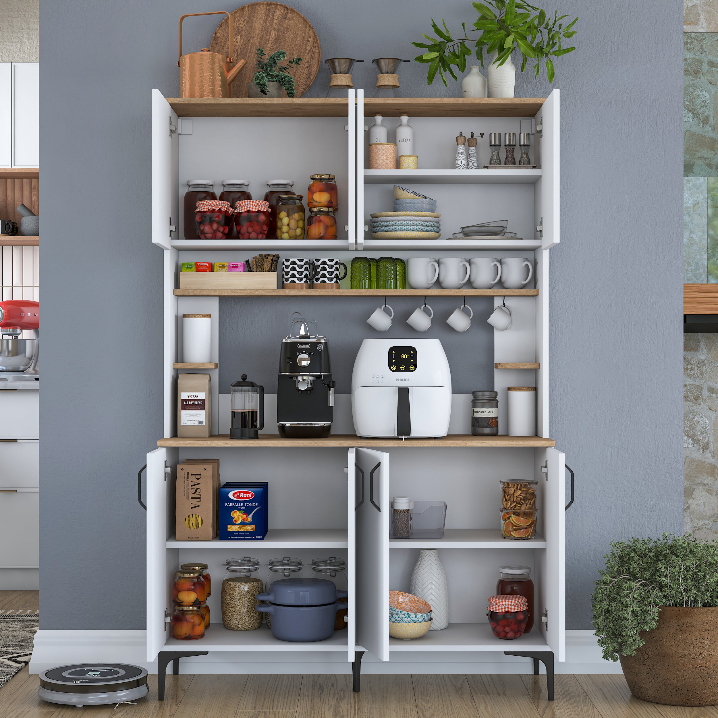 Rani JE176 Çok Amaçlı Dolap 8 Kapaklı Kiler Mutfak Dolabı Sepet Ceviz