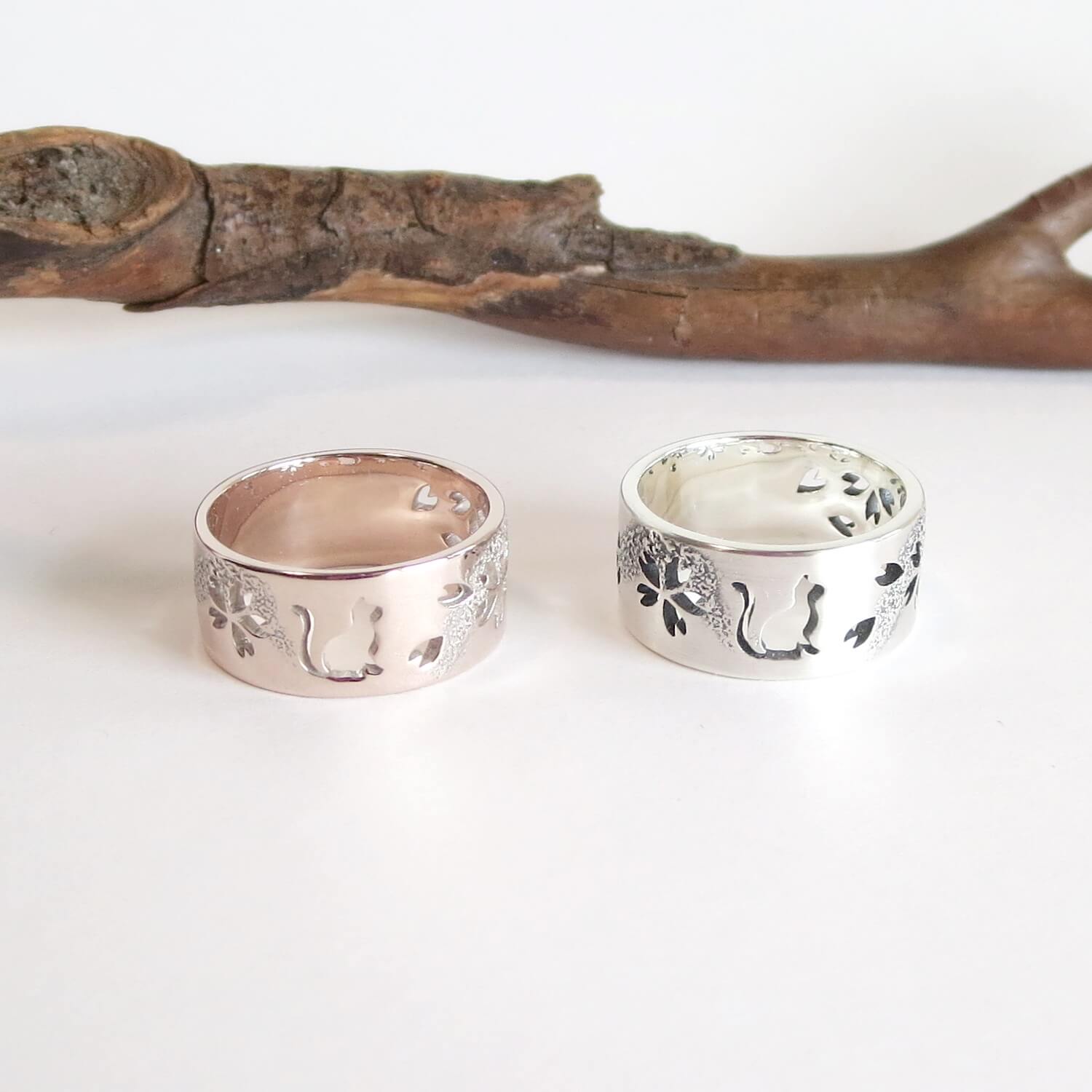 猫と桜 透かし彫り平打ちリング』シルバーアクセサリー通販【エス】