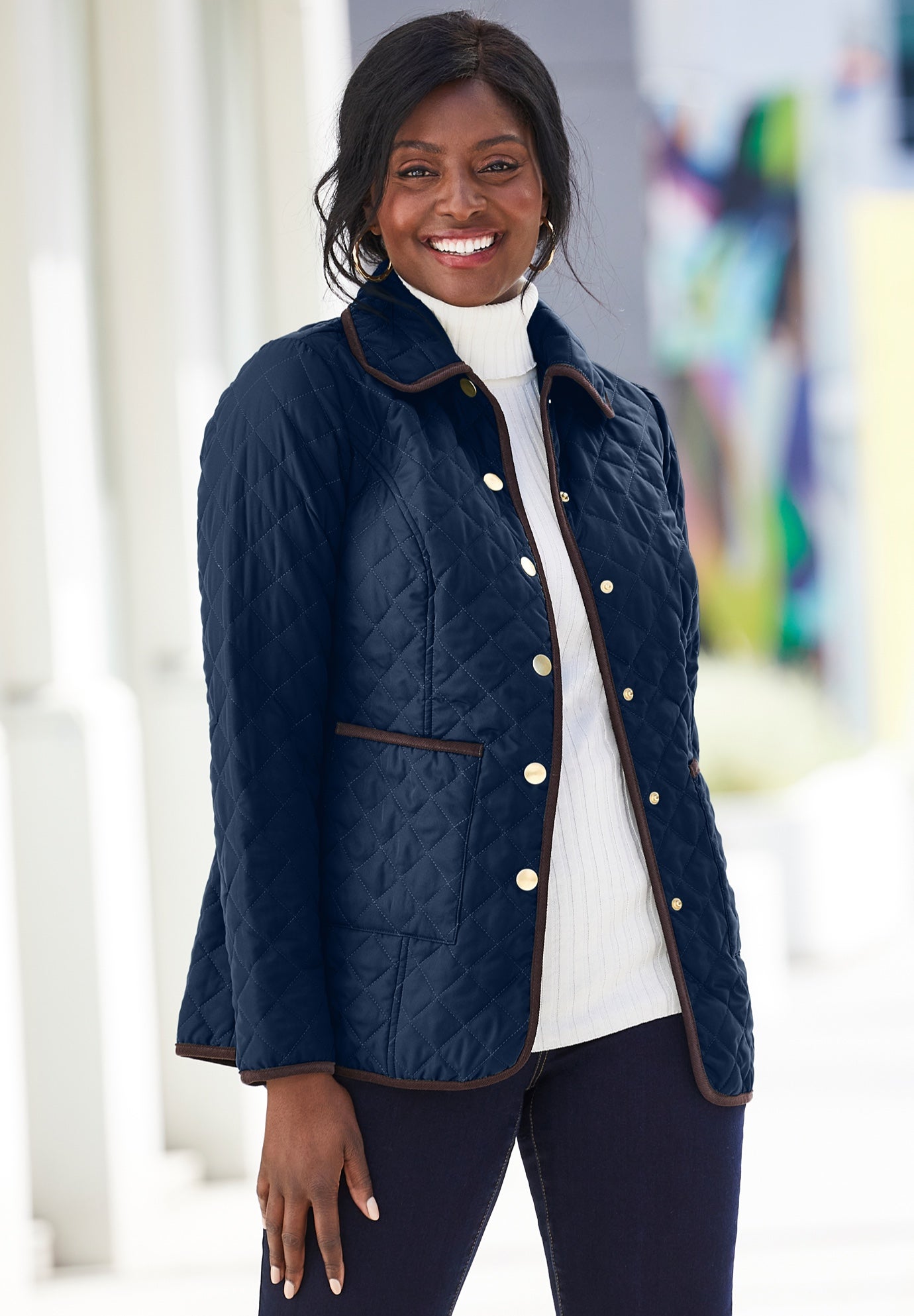 Snap-Front Quilted Coat for Cold Weather, Navy | Woman Within