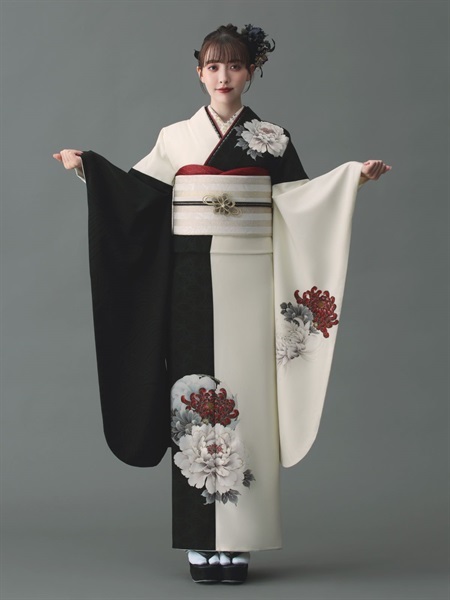 F1735 モノトーン色×江戸牡丹柄の振袖単品【和風館ICHI】