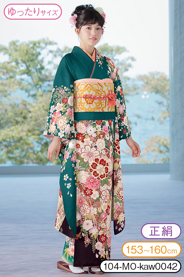 振袖レンタル 振袖MOサイズ 束熨斗に桜 緑｜着物レンタル 安心フル