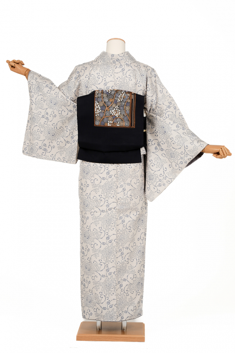 小紋レンタル 小紋Lサイズ 牛首紬：白山工房 唐花 亜麻色/御召御納戸色