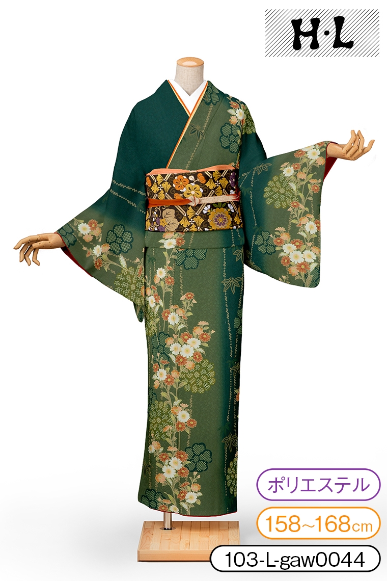 訪問着レンタル 訪問着Lサイズ ブランド：H・L 縦縞に菊桜 緑｜着物