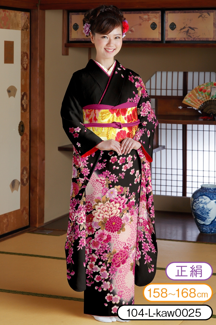 振袖レンタル 振袖Lサイズ 菊桜 黒/ピンク｜着物レンタル 安心フル
