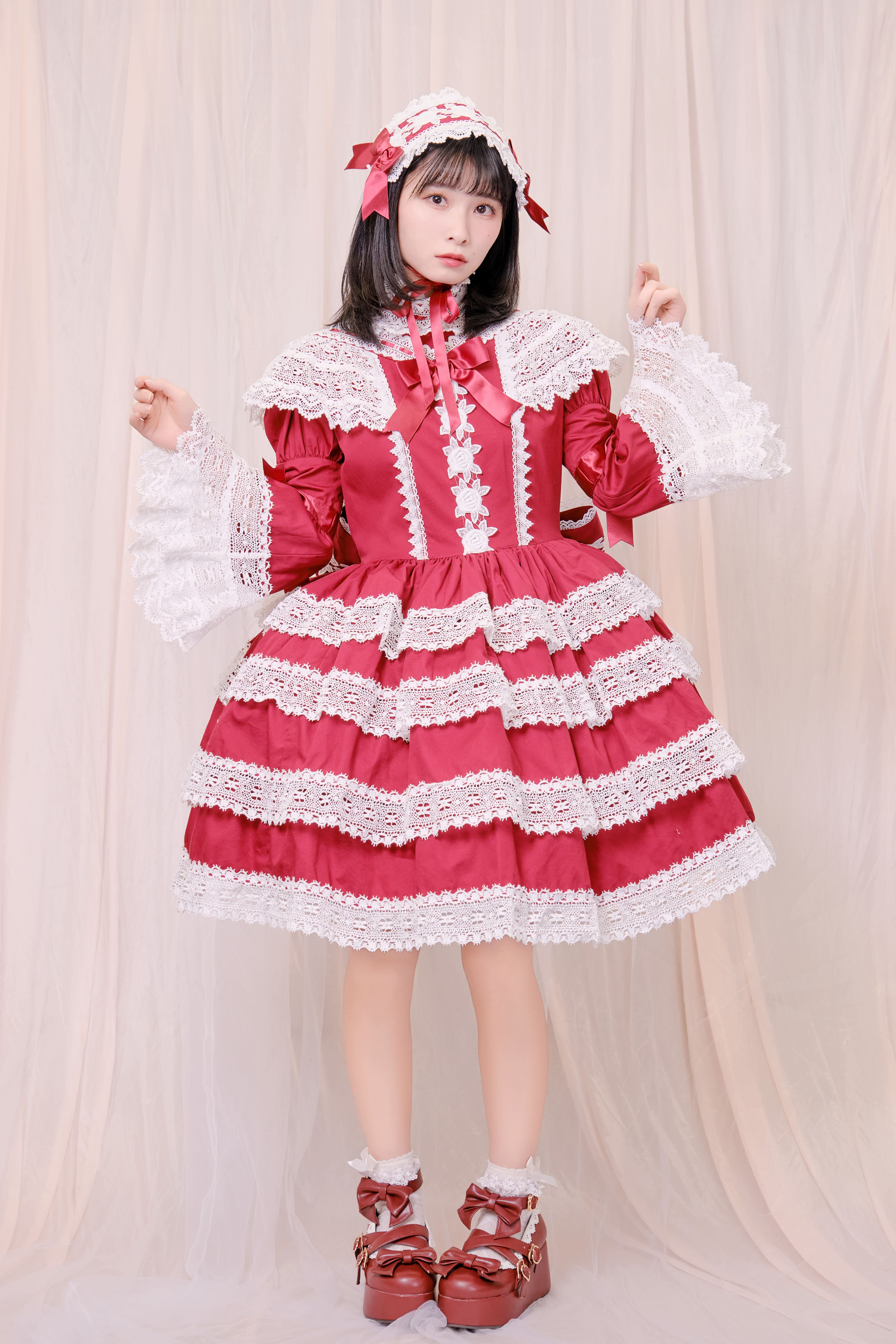 エリザベスワンピース＆ヘッドドレスセット(エンジ)｜東京ロリィタ
