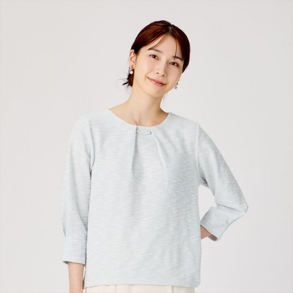 チャーム付ブラウス ツイード風 長袖 レディース(M サックス): 東京