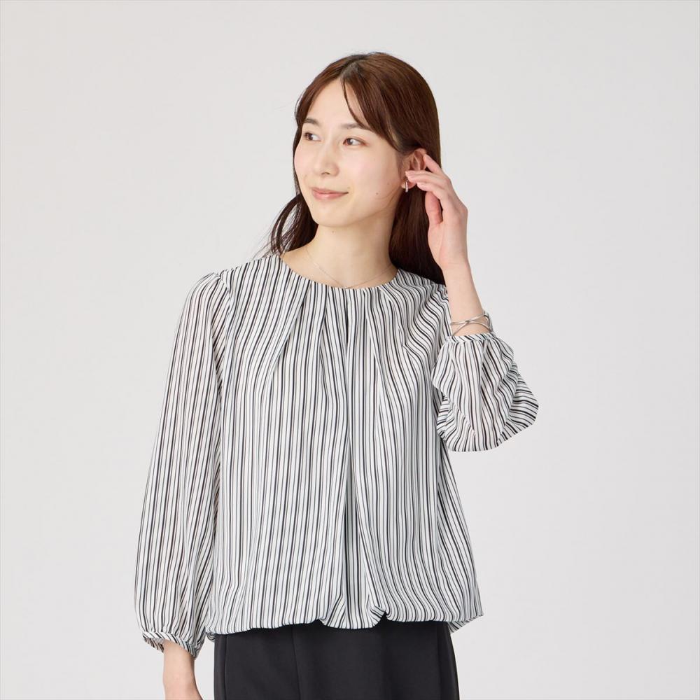 フロントタック ストライプブラウス 長袖 レディース(M グレー): 東京