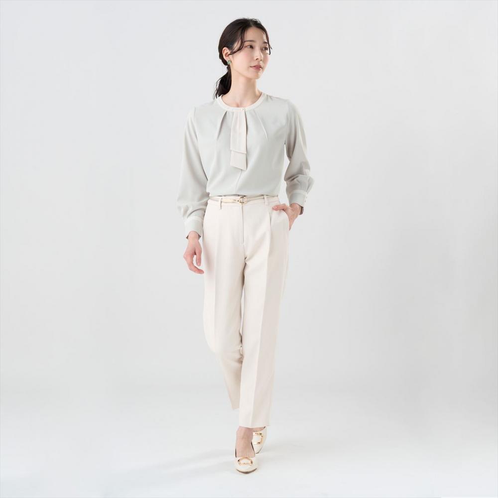 ストレッチ ジョーゼット 配色ボウタイブラウス 長袖 レディース(M