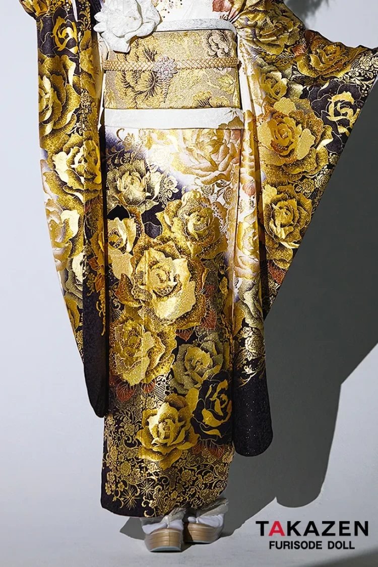 グラマラス 白/黒/ゴールド(金色) バラ柄 派手 1番目立つ ギャル振袖