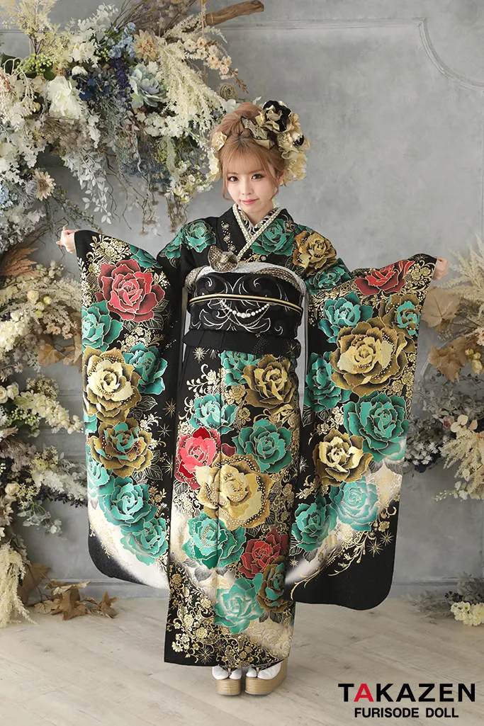 モード系 グリーン(緑色)/ゴールド/赤 バラ柄 目立つ 派手振袖