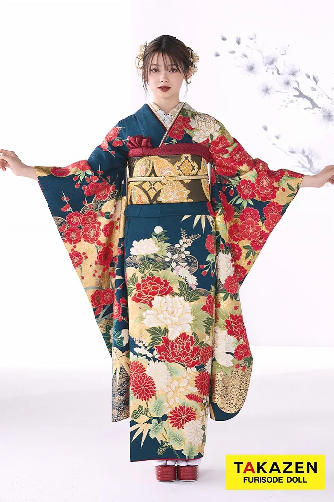 粋古典 紺/赤/ゴールド(金色) 牡丹柄/大柄 金彩刺繍京友禅 かっこいい