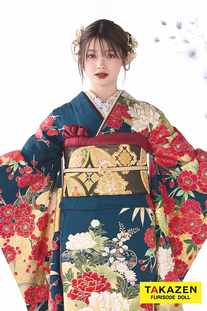 粋古典 紺/赤/ゴールド(金色) 牡丹柄/大柄 金彩刺繍京友禅 かっこいい