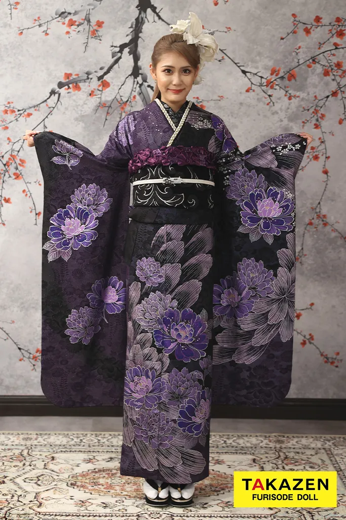 グラマラス 黒/紫 牡丹柄 派手 目立つ セクシー モード系振袖 キラキラ