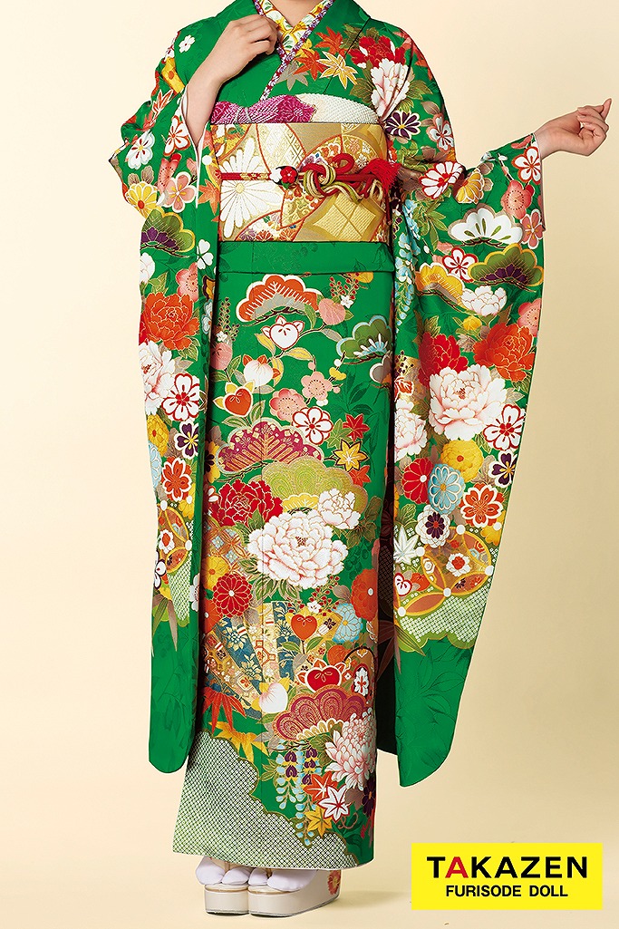 正統派古典 鶸色/グリーン(黄緑色) 牡丹柄 大人可愛い 鮮やか古典振袖