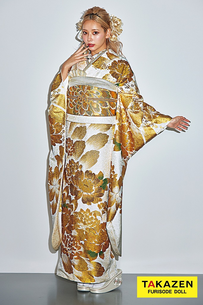 振袖フルセット6点サイズM〜L駒刺繍 扇面花文 暈し染め 金銀彩 金銀糸