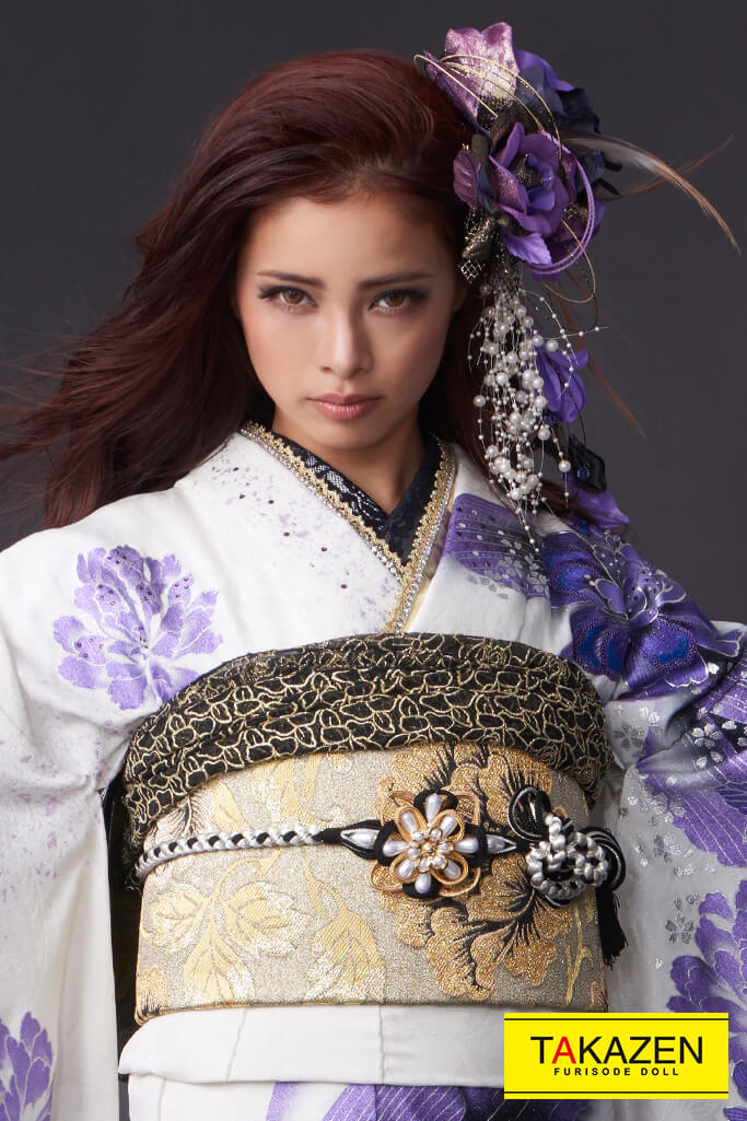 グラマラス 黒/白/紫 ボタン柄 派手 目立つ モード系 ギャル振袖